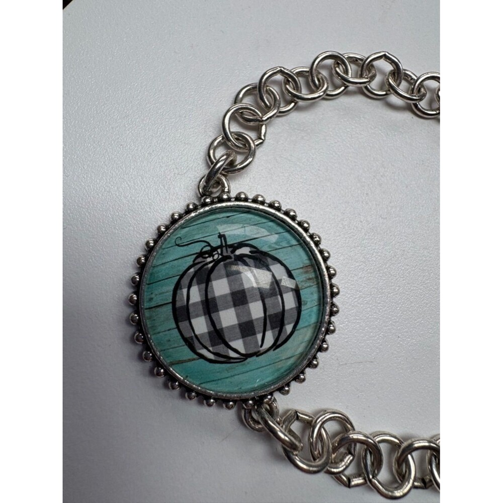 Pumpkin Charm Bracelet Buffalo Plaid Teal Silver Tone